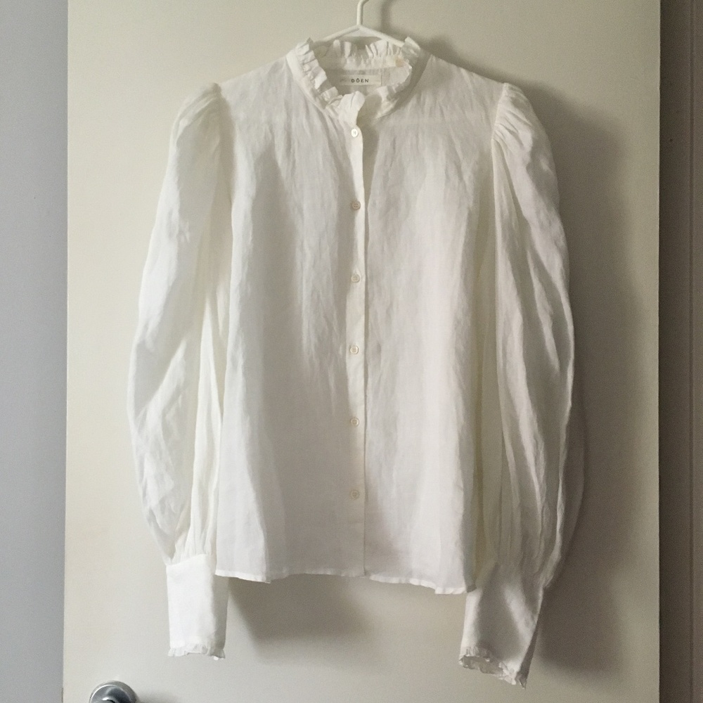 New Doen Pie Crust Ruffle Puffed Sleeve Blouse Ramie XL